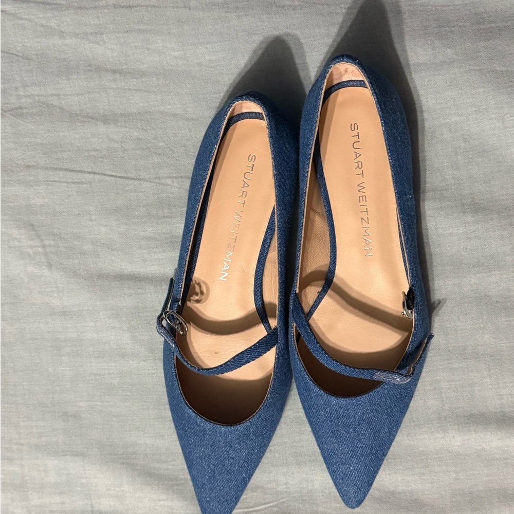 Stuart Weitzman Emilia Denim Blue Pointed-Toe Mary Jane Flats - Picture 3 of 8
